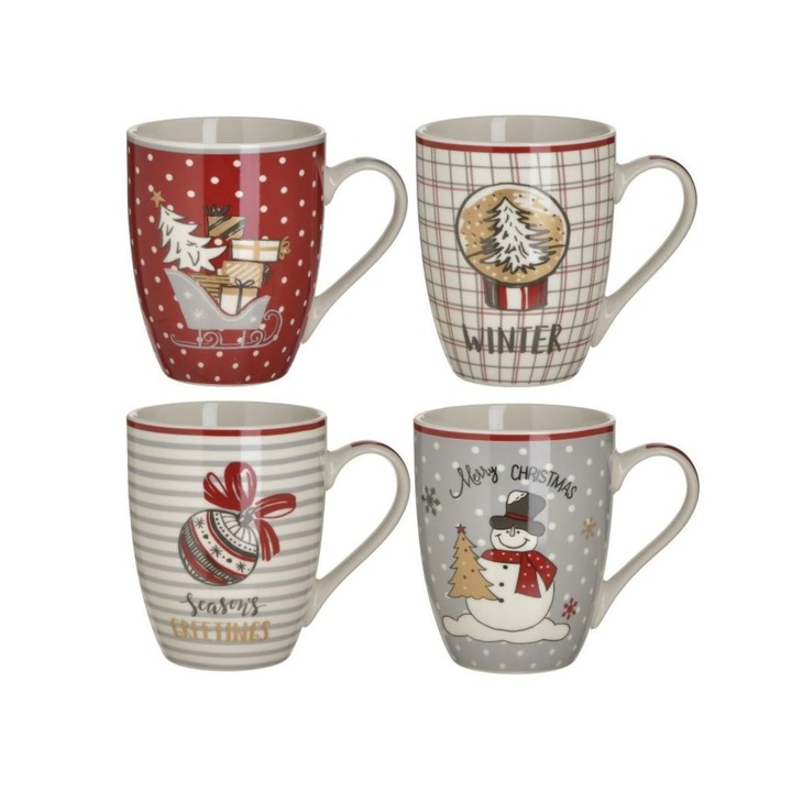 Porcelán karácsonyi bögre M1, 4 darabos készlet, 340cc, 11x8x10