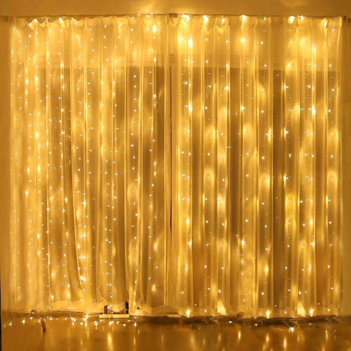 Коледни лампички, GALAXIA, Завеса, 3m x 3m, 300 led, с кука, Водоустойчива, Регулируема яркост, с Дистанционно управление, Топло бял