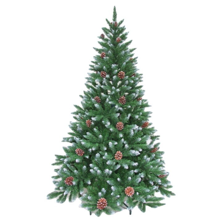 Brad artificial, aspect nins, cu conuri decorative, inaltime 240 cm, 1367 varfuri, verde