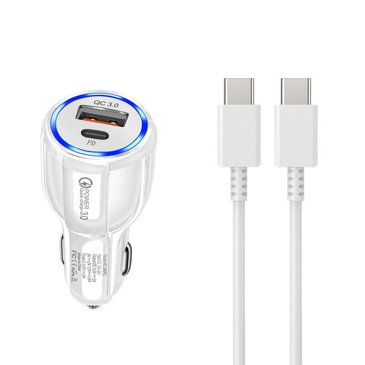 Kit adaptor auto pentru incarcare telefon cu tehnologia Qualcomm Fast Charging plus cablu USB Tip C la Tip C cu putere de 20W PD