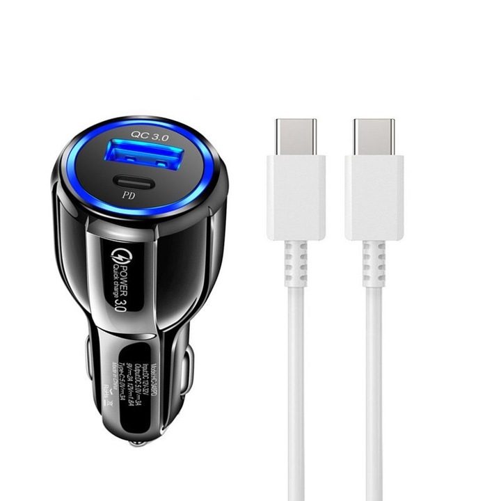 Autós töltőkészlet USB-A/PD - CC típusú kábel, FEKETE