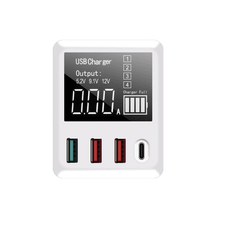 Töltő 3 USB porttal, PD USB C port FAST CHARGE, 40 W, LED kijelző, Quande, PD232