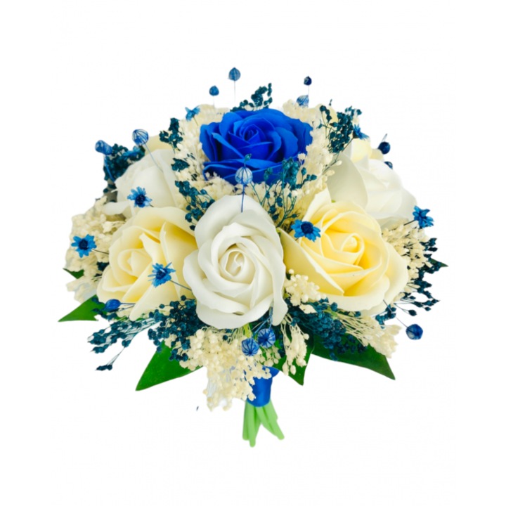 Buchet mic personalizabil cu trandafiri si floarea miresei Albastru regal, Multicolor