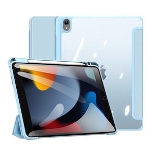 Husa premium Sigloo, pentru tableta iPAD 10.2, model 2022, 10.2 inch, interior de piele sintetica, cu suport Smart Pen, spatele din policarbonat transparent, rezistent la socuri, Blue