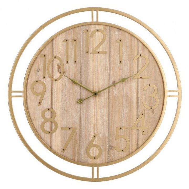 Ceas perete lemn natur fier auriu Ticking 60 cm