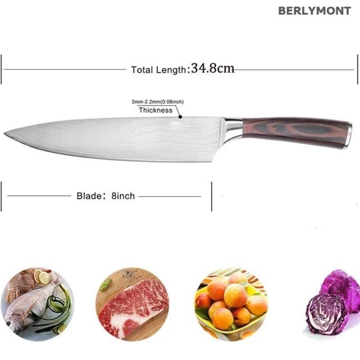 BERLYMONT szakácskés készlet, rozsdamentes acél, kézzel kovácsolt japán kés, Full Tang, tapadásmentes, csontozás, befűzés, Ujjvédő, Késélező
