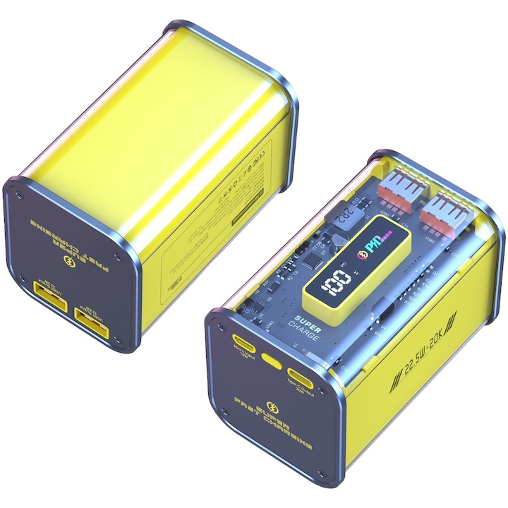 Външна батерия A+ T147LF - 20 000 mAh Super Charge 3.0 + Power Delivery (PD) 22,5 W, Цифров дисплей, 4 USB порта, Micro USB, Прозрачен корпус