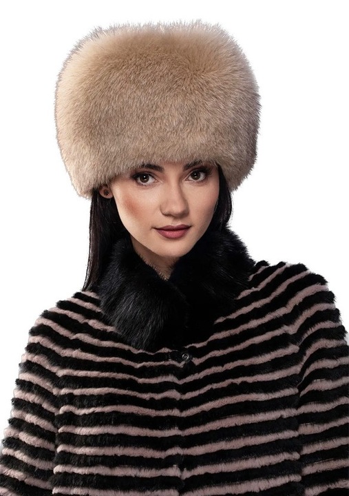 Caciula din blana naturala de vulpe polara, Interior captusit cu satin matlasat, Bej