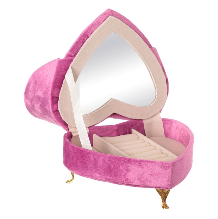 Ékszerdoboz, bársony, kanapé, szív, 18x14,5x14,5 cm, ciklámen,