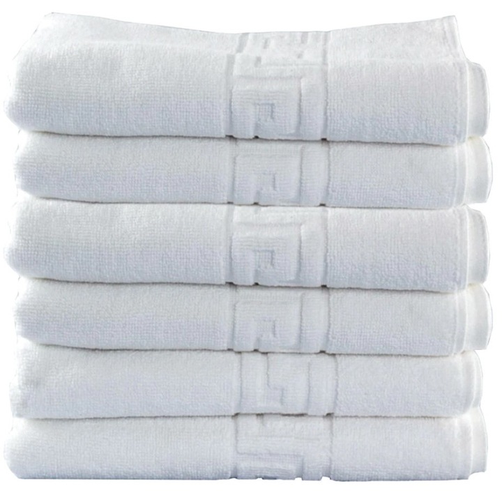 Set 6 Prosoape de fata calitate premium Home Hotel, 50 x 90 CM, 620gr/mp, 100% bumbac, model grecesc, Alb