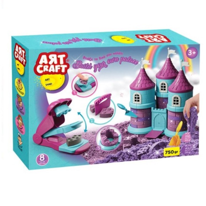 Set creativ nisip kinetic, Construieste-ti propirul castel, cu doua culori mov si roz si accesorii pentru pentru realizarea castelului, 37,5x7,5x26,5 cm