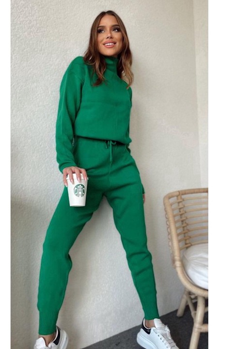 Compleu din tricot Tania, bluza cu guler pe gat, pantaloni cu snur si buzunare ascunse, Verde, Marime universala S/M