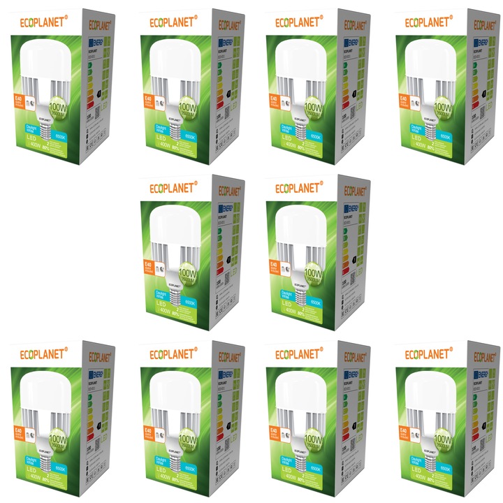 Комплект от 10 броя - LED крушка Ecoplanet T140 цилиндрична форма, E27, 100W (400W), 9500 LM, F, студена светлина 6500K, мат