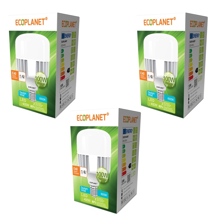 Set 3 Buc - Bec LED Ecoplanet T140 forma cilindrica, E27, 100W (400W), 9500 LM, F, lumina rece 6500K, Mat