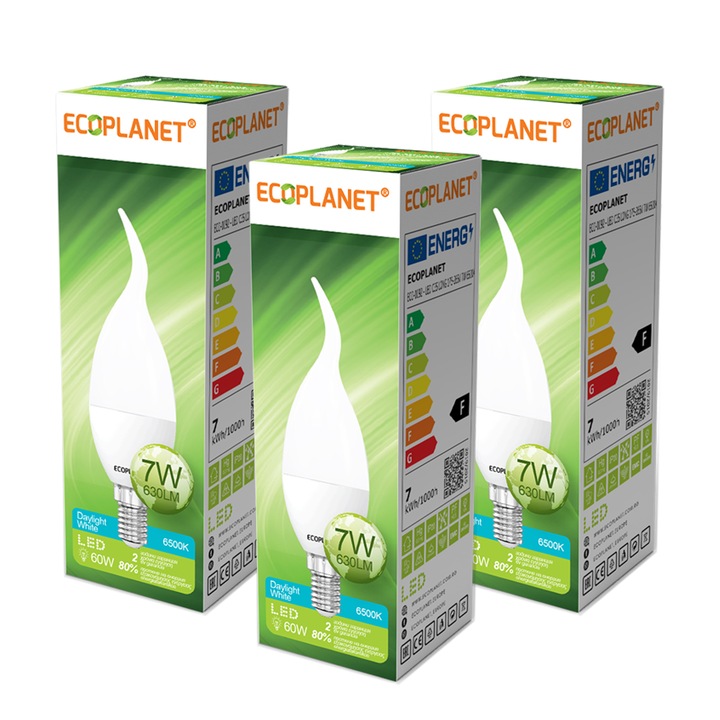 Set 3 Buc - Bec LED Ecoplanet lumanare flacara C35, E14, 7W (60W), 560 LM, F, lumina rece 6500K, Mat