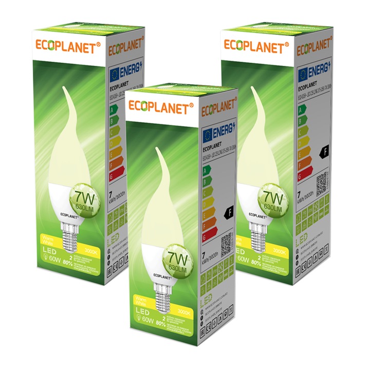 Комплект от 3 броя - LED крушка с пламък на свещ Ecoplanet C35, E14, 7W (60W), F, топла светлина 3000K, мат