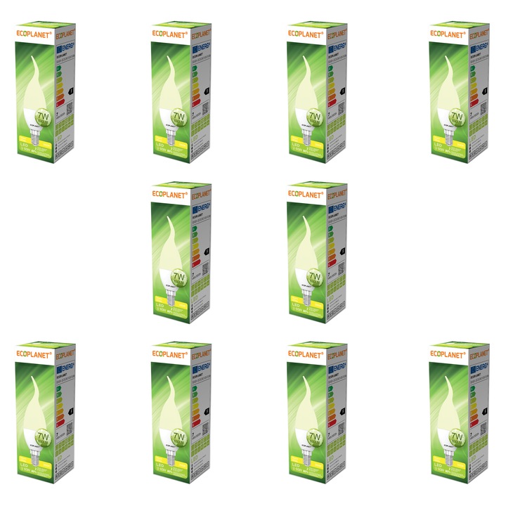 Комплект от 10 броя - LED крушка с пламък на свещ Ecoplanet C35, E14, 7W (60W), F, топла светлина 3000K, мат