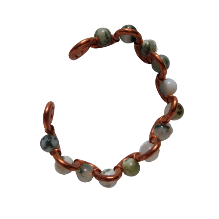 Bratara de dama, din cupru, sinusoida cu margele din agat arborizat, 16 cm