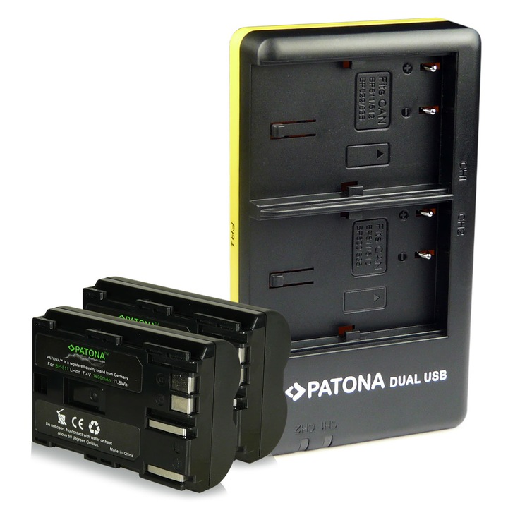 Pachet Incarcator Dual USB, 2x Acumulator Patona Premium pentru Canon BP-511 BP-512