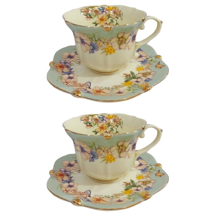 Serviciu Portelan Vintage 2 Cesti si farfurii, 180 ml, Green Bouquet
