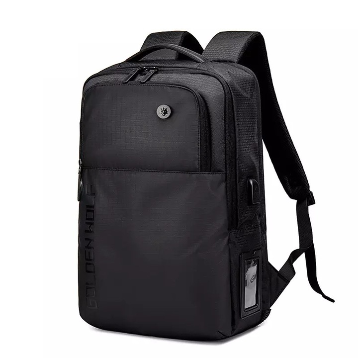 Rucsac laptop 15.6", smart casual, cu orificiu pentru cabluri audio si port USB, Golden Wolf, 44x29x15 cm, Negru