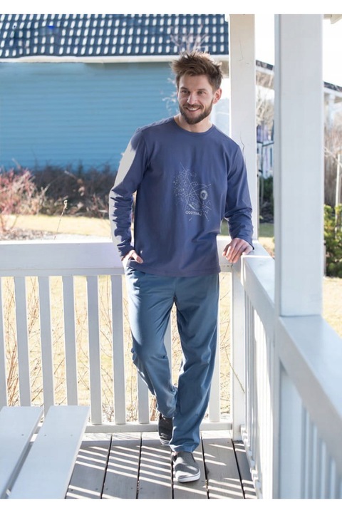 Férfi hosszú pizsama, kulcs, pamut, sötétkék