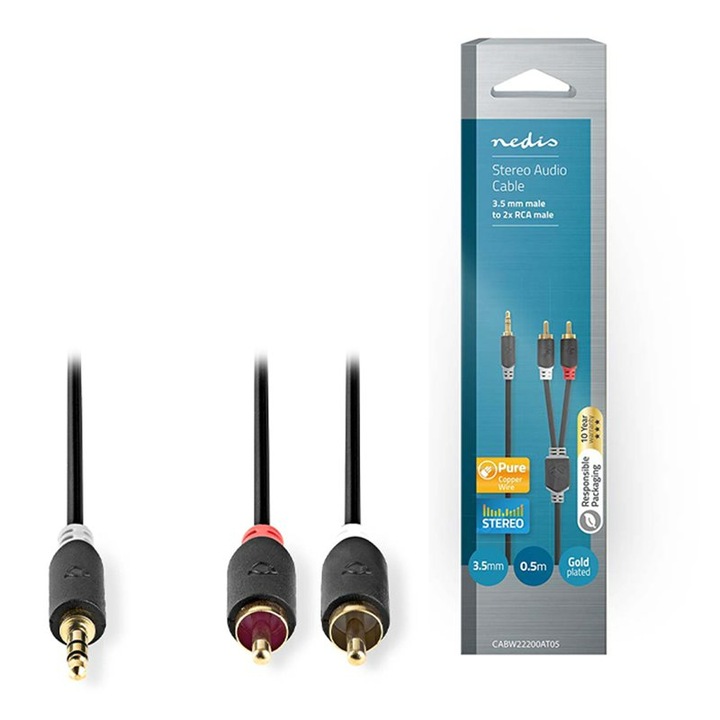 RCA dugasz sztereó audio kábel, Nedis, PVC, 0,5 m, fekete