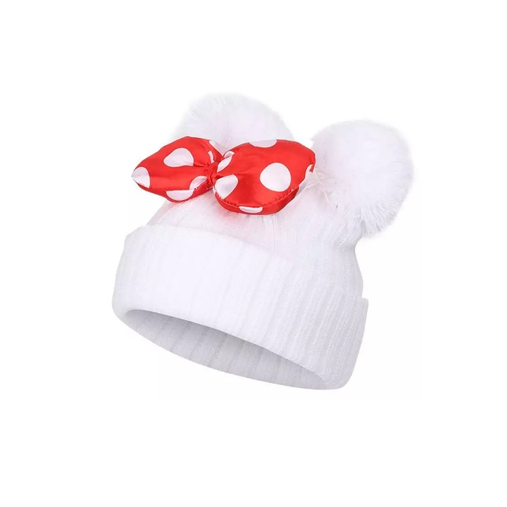 Caciula pentru copii, model cu urechiuse pom pom si funda chic, marime universala, alba, EFAYN