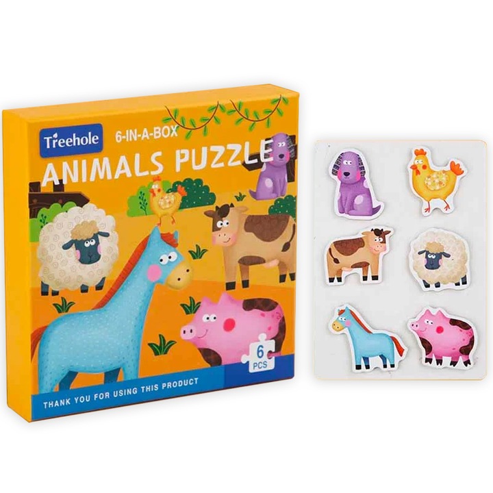 Set puzzle de jucarie, animale domestice, din carton solid, 6 animale x 6 piese, 3 ani+