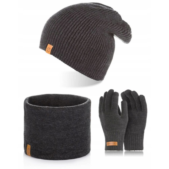 Set caciula cu manusi si fular Brodrene, Acril, Universal, Gri inchis