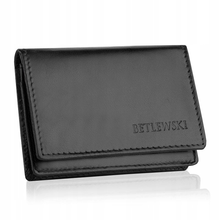 Portofel pentru carti de vizita, Betlewski, Piele naturala, 10,8 cm x 8 cm x 2 cm, Negru