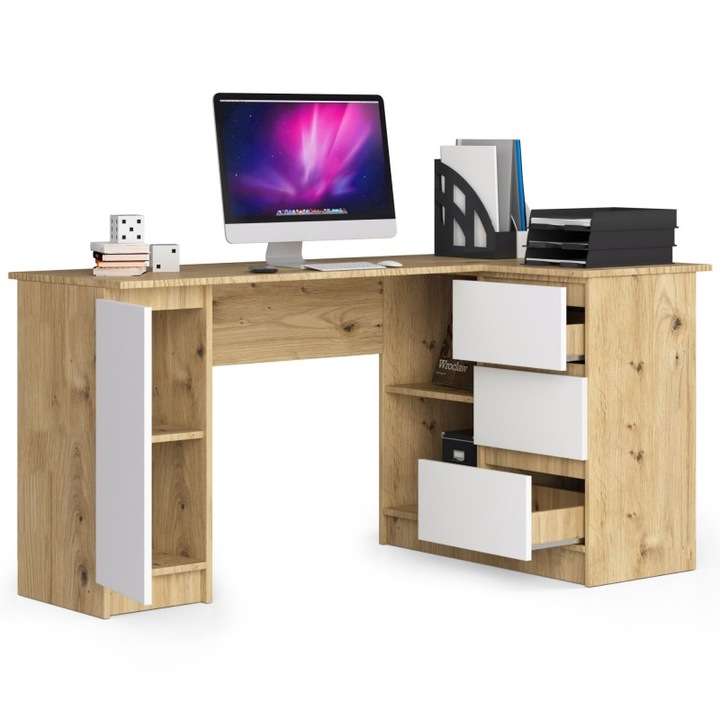 Birou coltar, Akord Furniture Factory, 3 sertare, Stejar, 155x77x85 cm, Alb/Maro