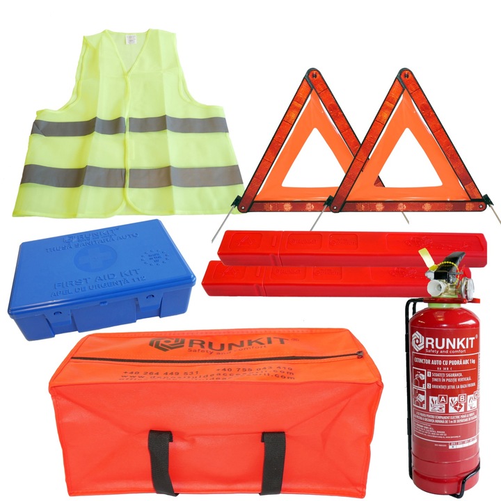 Предпазен комплект за кола, пожарогасител, триъгълник, жилетка, медицински комплект и чанта