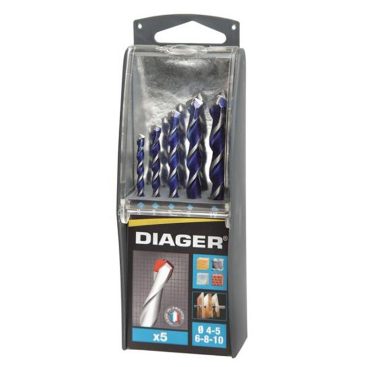 Trusa de burghie Diager, coada cilindrica multimaterial, 4-10 mm/5 piese