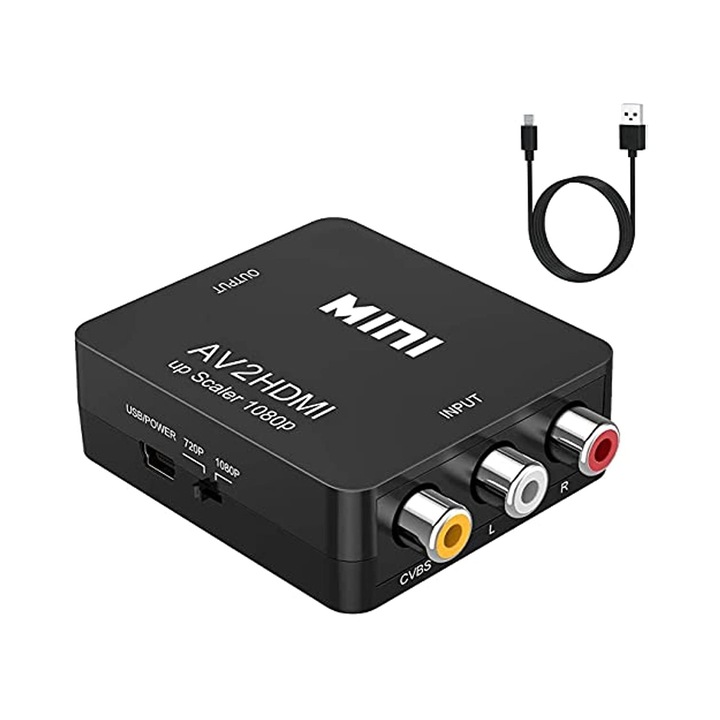 Adaptor mini convertor AV RCA la HDMI Full HD 1080p video si audio stereo, negru