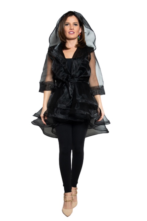 Jacheta asimetrica Maralyn, organza, negru, gluga