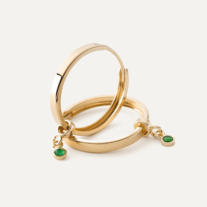 Сребърни обеци халки с висулки от зелен нефрит, позлатени