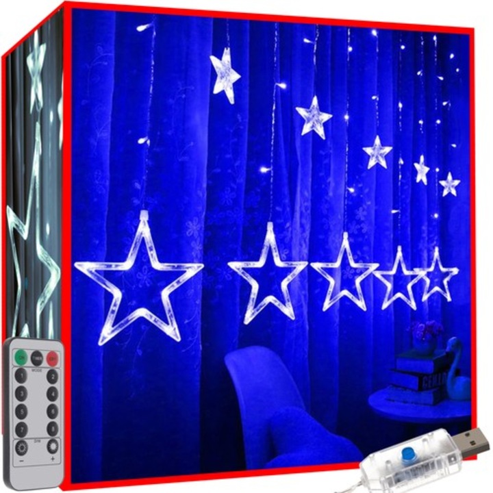 Perdea luminoasa stelute WTO®, 138 LED-uri, USB, alb-rece, IP44, Telecomanda, 250 x 100 cm, alb