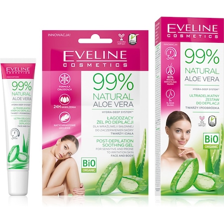 Set pentru depilare a fetei, crema depilatoare si gel calmant, Eveline, 99% Natural, Aloe Vera, Hydra-Deep System