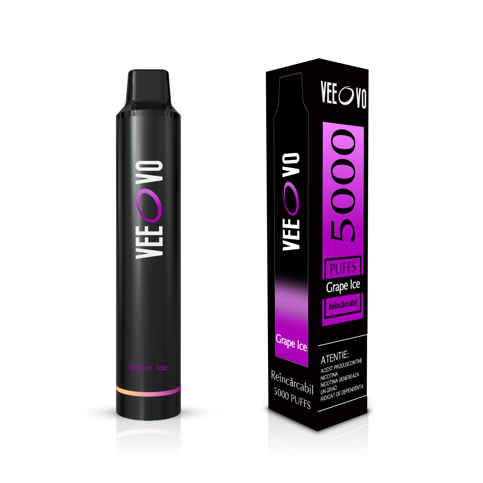 Tigara electronica reincarcabila, tip narghilea, 5000 de fumuri, cu 2%  nicotina, aroma intensa, VeeOvo, Grape Ice effect