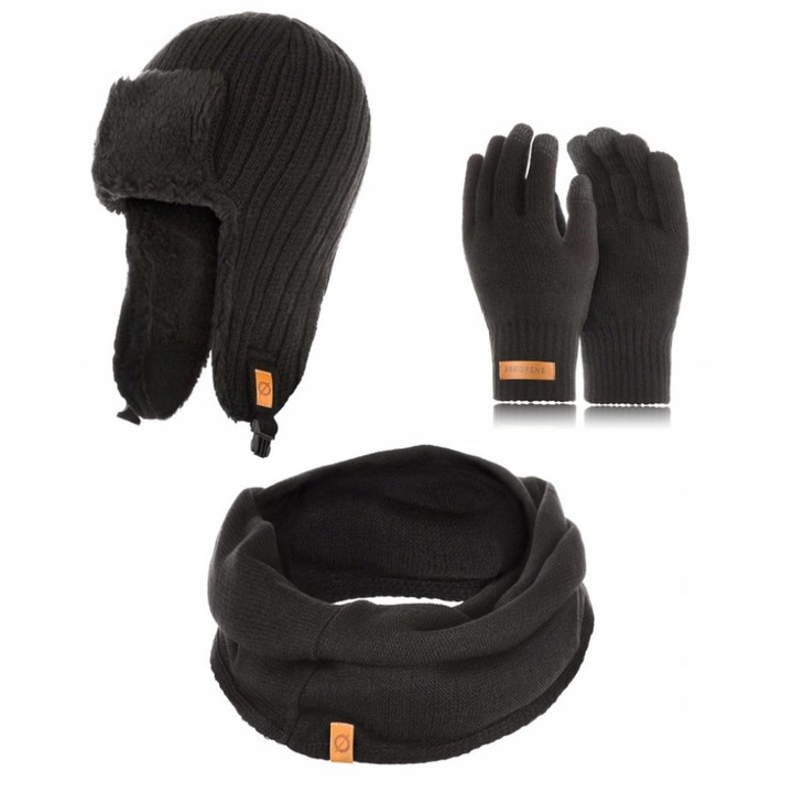 Set caciula cu manusi si fular Brodrene, Acril, Universal, Negru