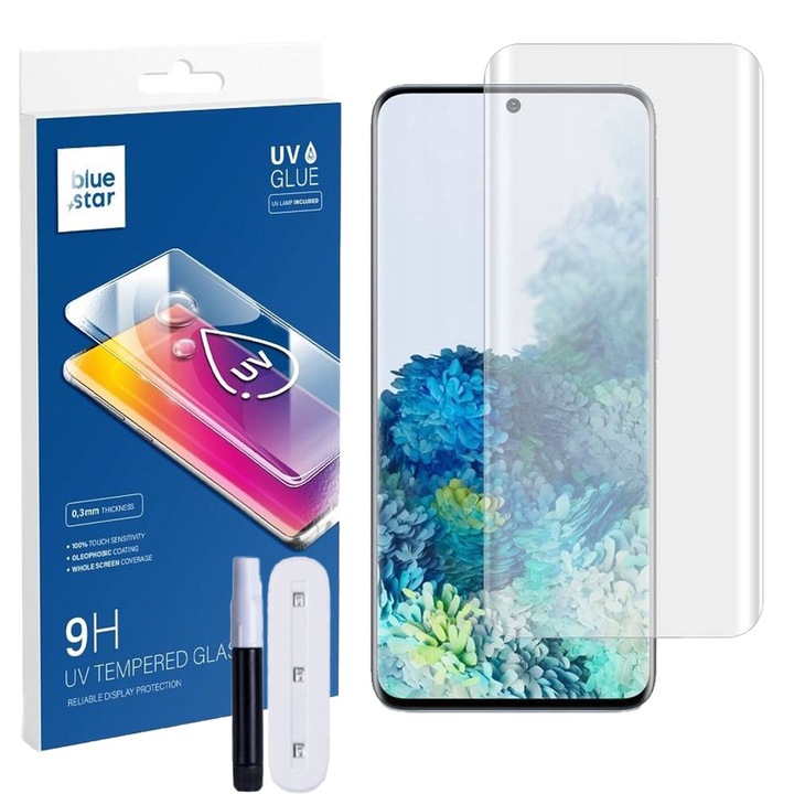Samsung Galaxy S20 Plus / S20 Plus 5G ( S20+) kompatibilis üvegfólia, előlapi, UV, edzett, hajlított, Bluestar