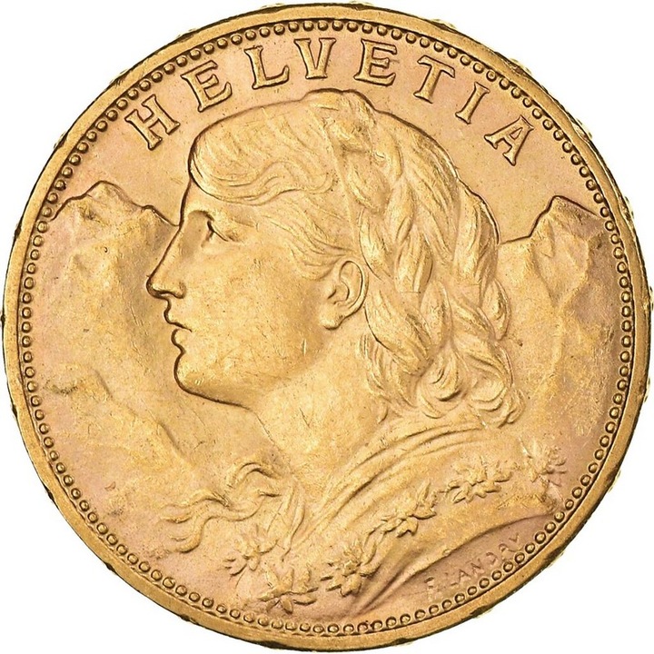 Moneda istorica din Aur - 20 de franci Helvetia 6.45 grame