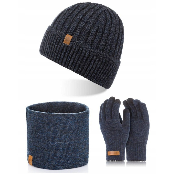 Set caciula cu manusi si fular Brodrene, Acril, Universal, Bleumarin