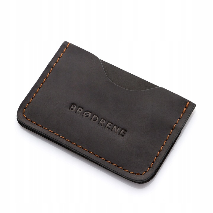 Portofel carduri, Brodrene, Piele naturala, 10 cm x 7 cm x 2 cm, Negru