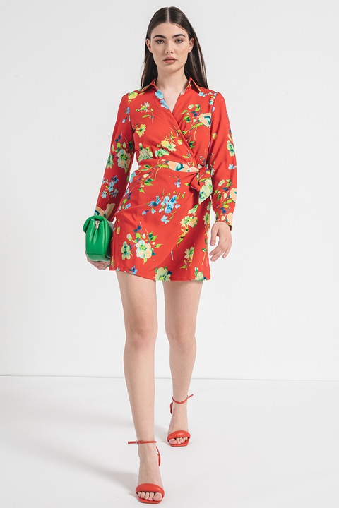 Max&Co, Рокля с шпиц и застъпен дизайн, Червен/Зелен/Праскова