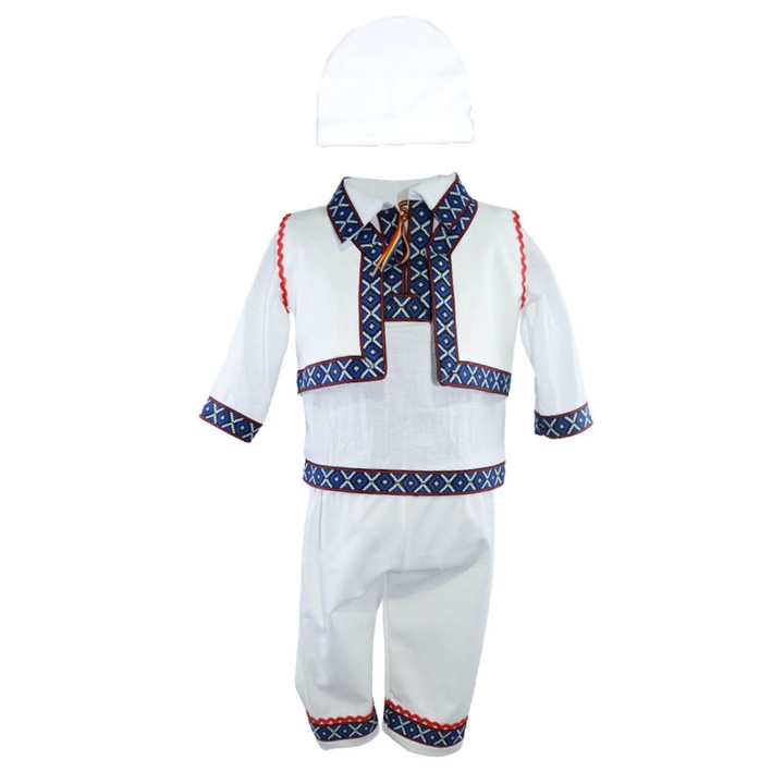 Costum traditional pentru baieti 4 piese Mini Junior CTPB-74, Alb 6-9 luni