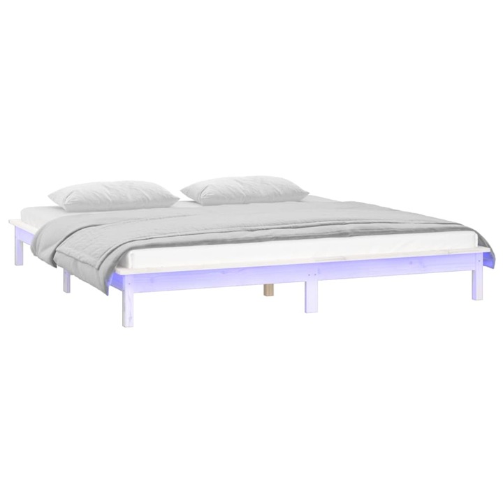 Cadru de pat LED Super King Size vidaXL, alb, 180x200 cm, lemn masiv, 24.7 kg 820622