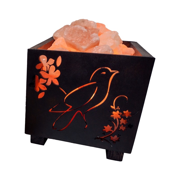 Лампа с хималайска сол Ivea company, дървена, цвят орех, птица