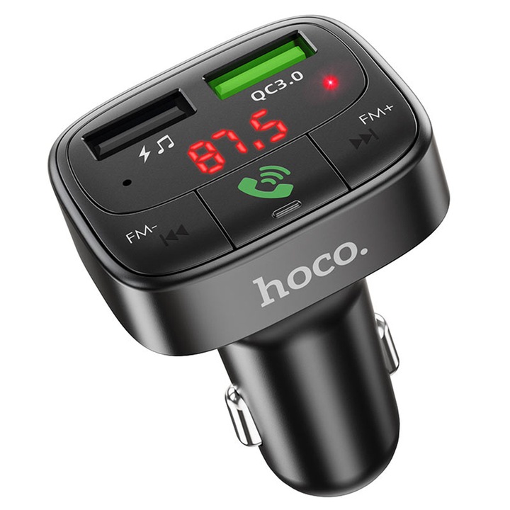 FM modulátor autós töltővel, Hoco E59, 2xUSB-A, LED kijelző, QC 3.0, 18W, 3.1A, fekete